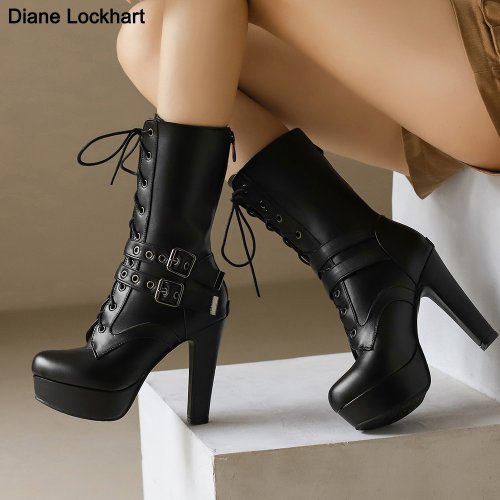 Afbeelding van Vrouwen Punk Stijl Lace-Up Enkellaarsjes Riem Gesp Platform Hoge Hakken Korte Laars Vrouwelijke Witte Herfst Winter Ronde Neus schoenen 2025