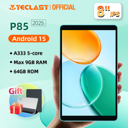 Immagine di Tablet Teclast P85 2025 con Android 15, Schermo IPS da 8 Pollici, RAM Estendibile 9GB (3GB + 6GB), Memoria Interna 64GB, Processore A333 a 5 Nuclei, Wi-Fi 6, Porta USB Tipo C, Corpo in Metallo e Batteria da 5000mAh