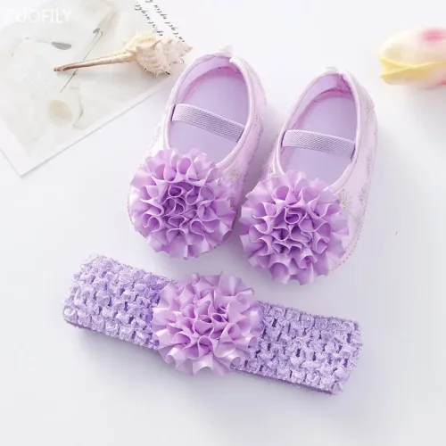 Image of Spring Infant Baby Girl Shoes Newborn Lace Flowers Headband Anti-Slip Soft Sole First Walkers Toddler Kids Cotton Baptism Shoes