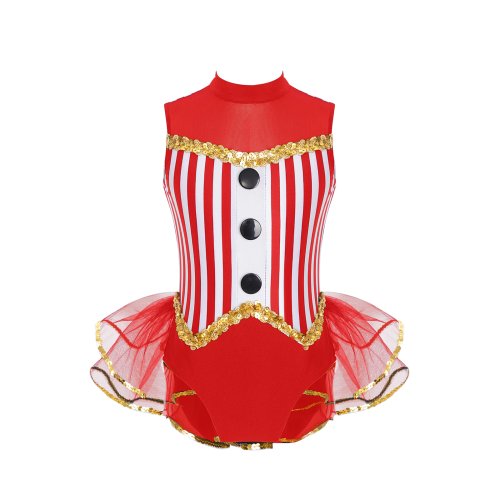 Afbeelding van Kinder Meisjes Gymnastiek Turnpakje Balletdans Kostuum Open Rug Gestreept Turnpakje Tule Rokjes Bodysuit Ballerina Performance Jurken