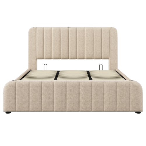 Immagine di Letto in Lino Beige con Testiera Imbottita e USB Tipo C
