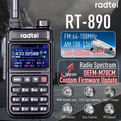Bild von Radtel RT-890 NOAA Wetterkanal 6-Band Ham Amateur 2-Wege Radio mit 999 Kanälen – Walkie-Talkie für AM, Luftfahrtband, Farbscanner und Marinekommunikation