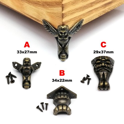 Afbeelding van 4 stuks decoratieve antieke messing vintage engel gezicht cheetah sieraden borst doos houten meubelen voeten been hoekbeschermer met schroef