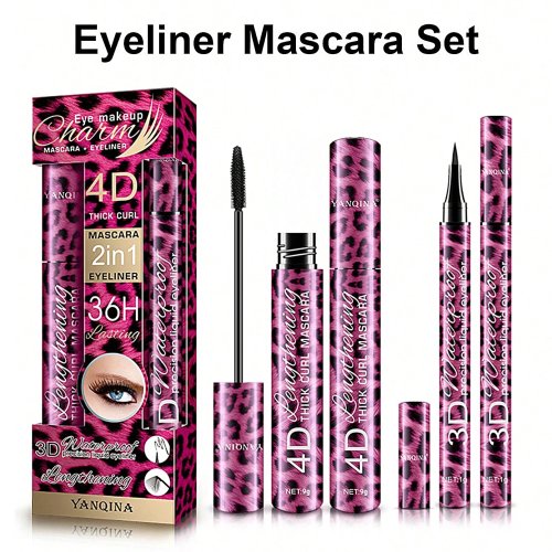 Afbeelding van Natuurlijke Oogmake-up Set met Vloeibare Eyeliner, Waterdichte Mascara en Wenkbrauwpotlood voor Volle en Gekrulde Wimpers
