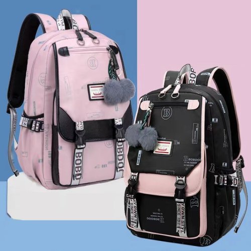 Imagen de Mochila Escolar Grande para Adolescentes en Negro y Rosa - Hecha de Lona Duradera con Muchos Compartimentos para Libros y Accesorios