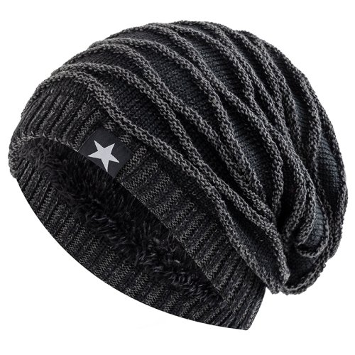 Bild von Unisex Wintermütze mit Pelzfutter – Warme, bequeme Strickmütze mit fünfzackigem Stern-Dekor für Herren und Damen