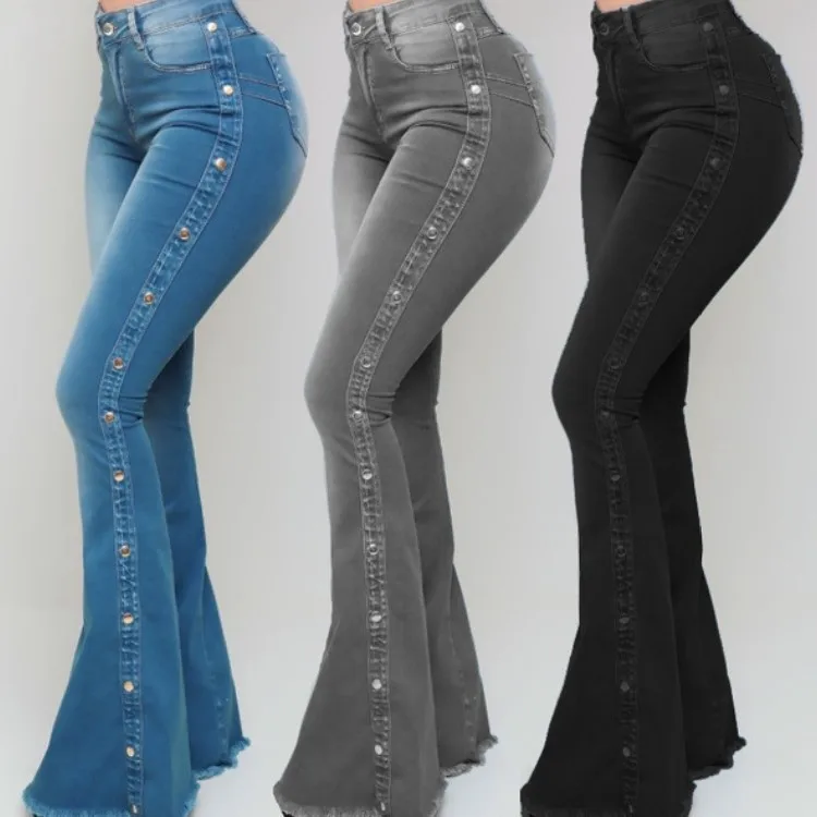 Imagen de Pantalones Vaqueros Elásticos de Cintura Alta para Mujer, Modelo Acampanado Vintage con Botones, Ropa de Calle Larga hasta el Suelo, Tendencia Otoño 2024