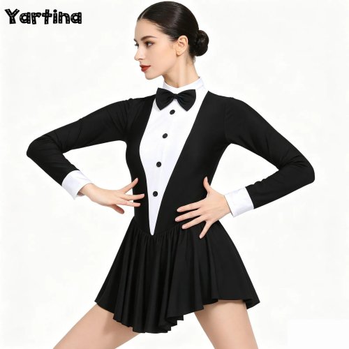 Image of Women's Elegant Magician Leotard with Tuxedo Design – Long Sleeve Figure Skating & Cosplay Costume for Stage, Dance, and Party Wear