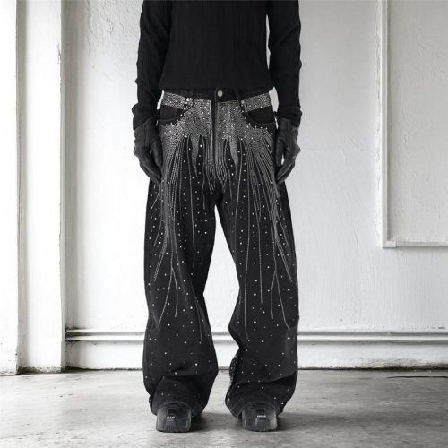 Imagen de Pantalones Vaqueros de Corte Alto para Hombre, Estilo Retro con Estampado de Diamantes, Diseño Ancho y Recto, Moda Urbana Hip Hop para Otoño e Invierno