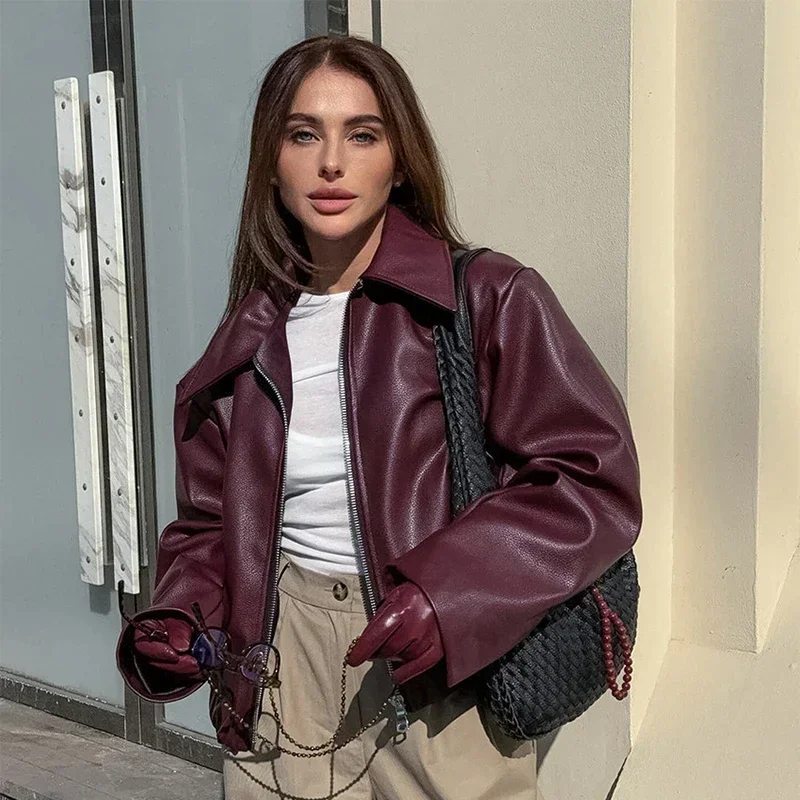 Image of Stylish Burgundy Faux Leather Jacket for Women – Long Sleeve Lapel Zip-Up Coat with Modern Streetwear Design
