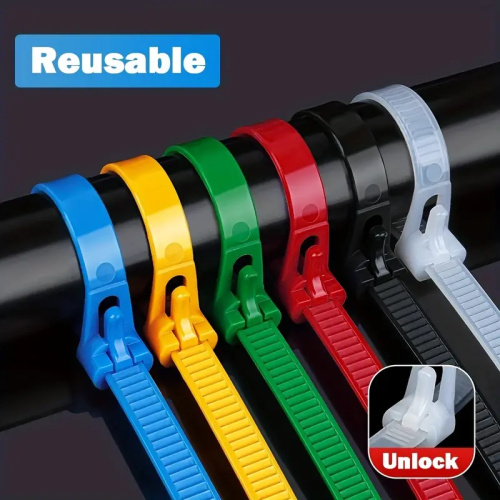 Bild von 100 wiederverwendbare Nylon-Kabelbinder 3,6 x 150 mm mit abnehmbarer Verschlussschlaufe – gemischt schwarz und weiß für ordentliche Kabelmanagement im Home Office und Büro