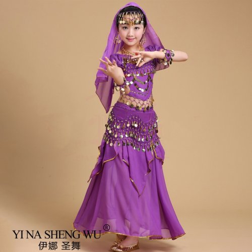 Bild von Bauchtanzkostüm für Kinder und Erwachsene – Orientalisches Tanzoutfit mit Glitzer-Top, Schürze und Accessoires für Mädchen, Ägyptische und Bollywood-Stil