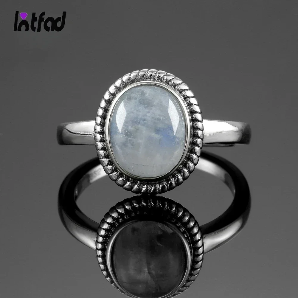 Afbeelding van Vintage 925 Sterling Zilveren Ring Met 8x10 MM Ovale Natuurlijke Maansteen Retro Onyx Steen Zwarte Ringen Eenvoudige Fijne sieraden voor Vrouwen