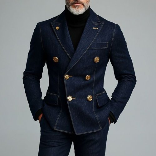 Afbeelding van Luxe Heren Denim Kostuum met Dubbele Rij Knopen, Piekrevers en Slim Fit – Elegante 2-delig Jas en Broek Set voor Mannen