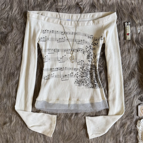Image of Women's Off-Shoulder Long Sleeve Music Note Print Slim Fitted T-Shirt with Ruffle Detail – Y2K Coquette Streetwear Blouse