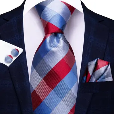 Image de Cravate Écossaise Bleue & Blanche Homme - Ensemble Boutons de Manchette & Mouchoir