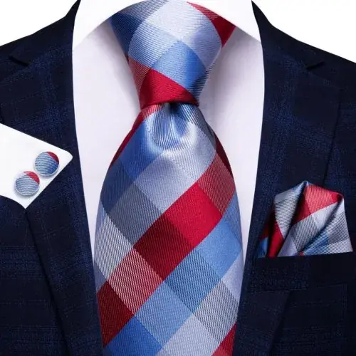 Image de Cravate Écossaise Bleue & Blanche Homme - Ensemble Boutons de Manchette & Mouchoir