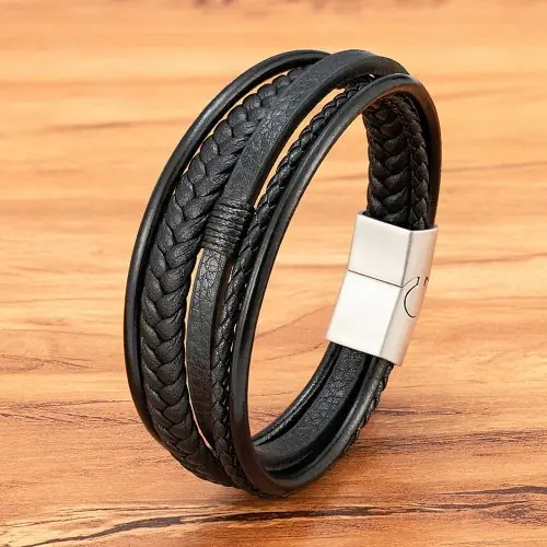 Image de Bracelet Homme Luxe Cuir Tissé Acier Inoxydable