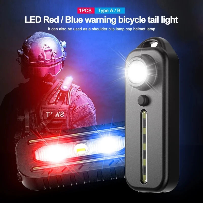 Image of Rechargeable Red and Blue LED Emergency Flashing Light with Clip – USB-Powered Safety Torch for Bike, Shoulder, and Outdoor Use