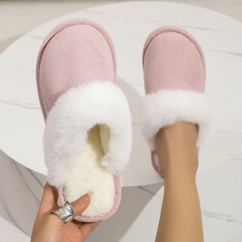 Imagen de Zapatillas de Piel Sintética de Gamuza Rosa para Mujer - Chanclas Antideslizantes Cálidas para el Hogar con Forro de Felpa y Tacón Plano