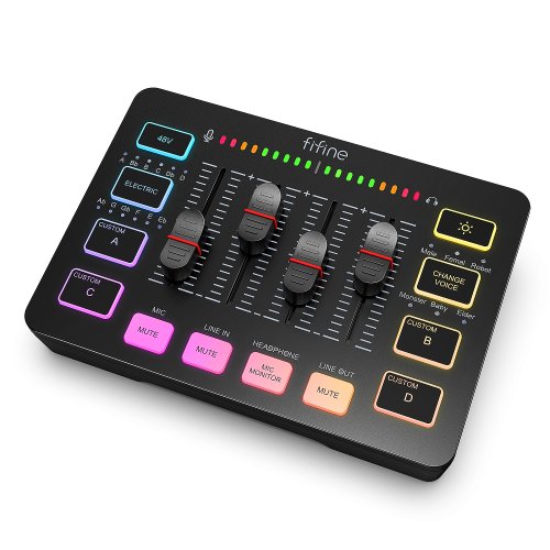 Image of Fifine 4-Channel RGB Gaming Audio Mixer with XLR Microphone Interface for Live Streaming, Podcasting, and Game Voice Amplification