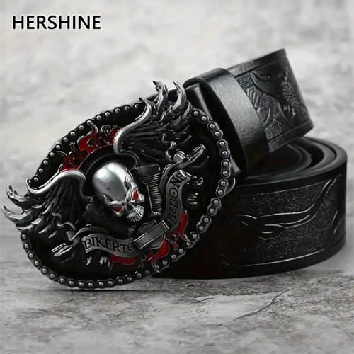 Afbeelding van Hershine Heren Vintage Reliëf Lederen Riem met Skull Ghost Gesp – Y2K Gothic Punk Rock Hip Hop Accessoire voor Lente en Zomer