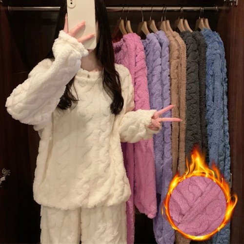 Immagine di Pigiama caldo invernale in morbido velluto corallo jacquard per donna Pigiama caldo a righe minimalista solido Pigiama comodo femminile Nuovo