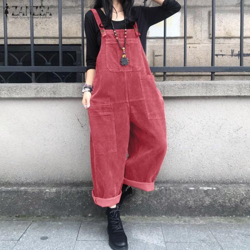 Immagine di Tuta in Velluto a Coste Donna Stile Caftano Primaverile 2025 con Pantaloni Harem e Bretelle - Modello Oversize Casual e Comodo