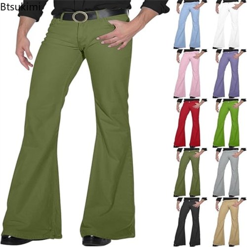 Image of Men's Vintage Disco Flared Pants – Solid Stretch Slim Fit Wide Leg Trousers in Hippie Style for Casual Streetwear Fashion