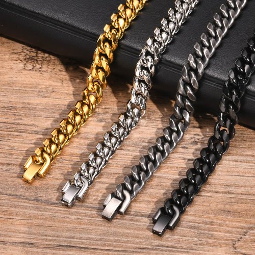 Immagine di Bracciale Maschile in Acciaio Inossidabile Nero 8mm e 10mm - Catena Cubana Chunky con Link Miami per Uomo e Ragazzo