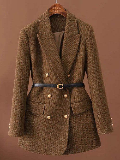 Image of Elegant Vintage Wool Blazer for Women with Belt – Green Autumn Winter 2026 Seasonal Stylish Top, Classic Female Jacket with Timeless Charm