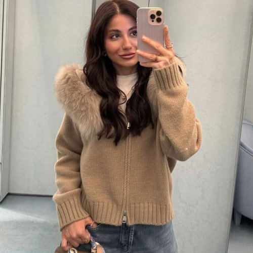 Imagen de Suéter de Invierno para Mujer con Capucha, Cárdigan Acanalado con Cremallera y Diseño Patchwork, Manga Larga, Abrigo de Punto Sólido y Cálido
