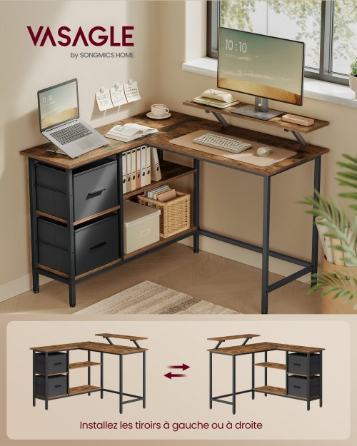 Image of VASAGLE L-Shaped Desk with 2 Spacious Drawers, Gaming Desk with Monitor Stand, Corner Desk, Computer Desk