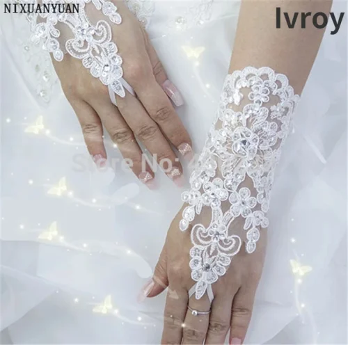 Imagen de Guantes De novia cortos De satén De encaje con cuentas elegantes, guantes De boda sin dedos 2025, accesorios De boda blancos marfil, Veu De Noiva