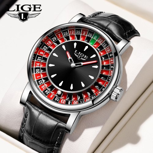 Image of Elegant Quartz Men's Watch with Creative Roulette Dial Design, Premium Leather Strap, Waterproof Casual Luxury Timepiece in Gift Box