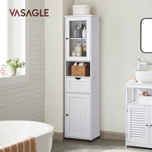 Image of Bathroom Cabinet, Column, Storage with Adjustable Shelves, Drawer, Compartment, Space Saving, Maple White/Light Grey Wood