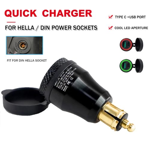 Image of Universal Motorcycle USB Power Adapter with Quick Charge for BMW R1250GS, R1200GS, R1200RT, F850GS, Tiger 900, F750GS, G310GS – DIN Socket Charger for Phones & Devices