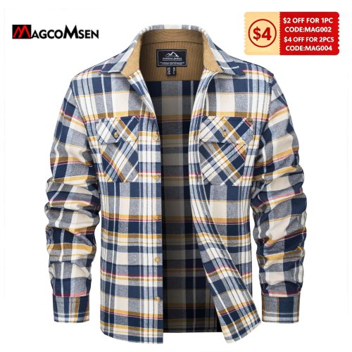 Image of Men's Long Sleeve Cotton Plaid Shirt with 2 Pockets – Button-Down Casual Flannel Shirt for Everyday Wear