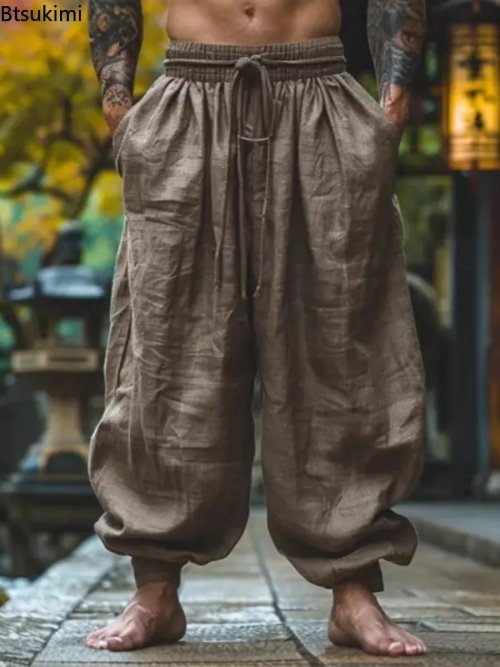 Bild von Vintage Baumwoll-Leinen Herrenhose mit Breitem Bein – Casual Baggy Hose mit Kordelzug und Taschen für Frühling und Sommer im Streetwear Harajuku Stil