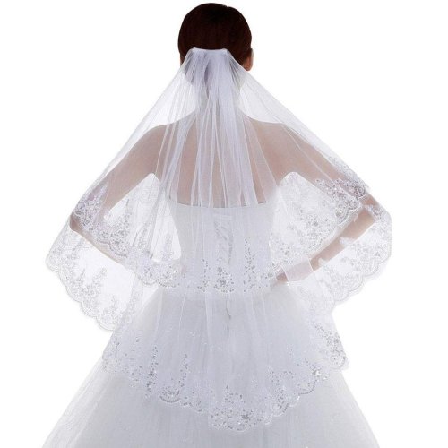 Image of Elegant Two-Tier Sparkle Tulle Bridal Veil with Sequin Edge – Fingertip Length Soft Lace Wedding Veil for Brides