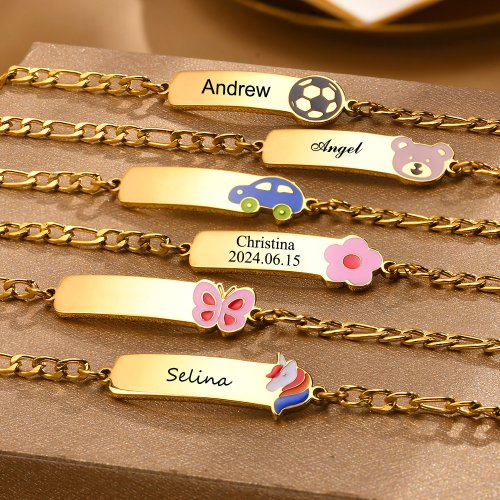 Image of Personalized Baby Name Bracelets for Girls and Boys – Custom Enamel Flower Stainless Steel Jewelry in 12cm and 17cm Sizes
