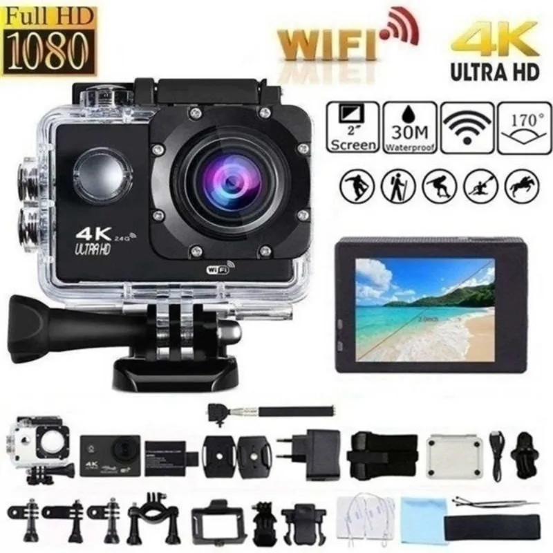 Zdjęcie Kamera Akcji Ultra HD 4K 30fps z Wi-Fi, 2.0 Cala, 170° Szeroki Kąt, Wodoodporna do 30m, Zestaw do Nagrywania Sportów Ekstremalnych – Idealna na Rowery, Narciarstwo, Motocykle i Kaski