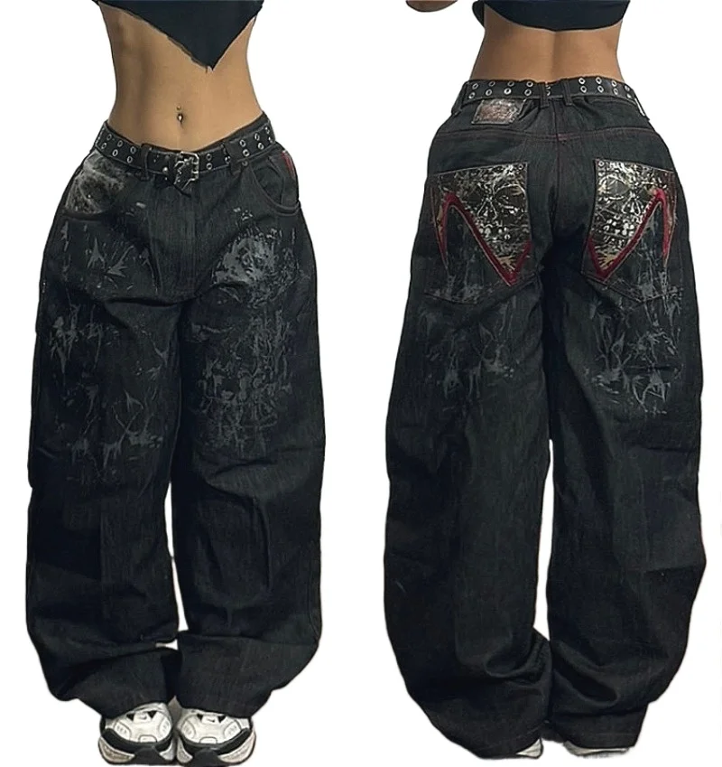 Zdjęcie Retro Jeansy Szerokie z Wysokim Stanem w Stylu Y2K i Harajuku – Damskie i Męskie, Hip Hop, Gothic, Streetwear
