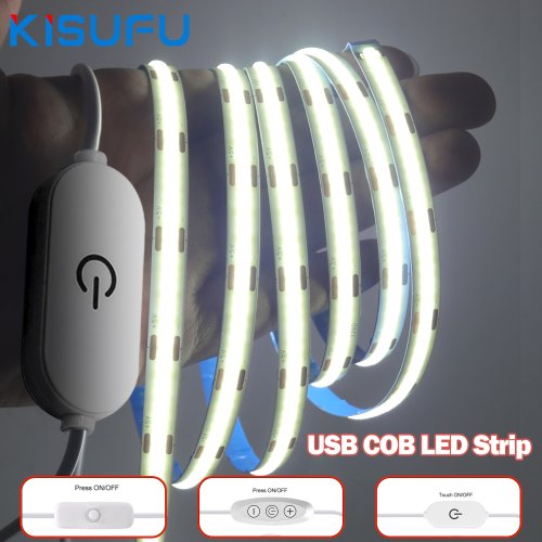 Afbeelding van Dimbare 5V LED COB Lichtstrip met Touchsensor, USB Aansluiting en Flexibele LED Tape voor Kerstverlichting, TV Backlight en Plakbandmontage