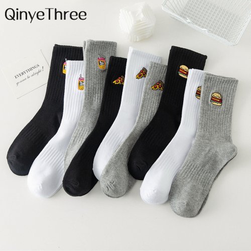Imagen de Calcetines Divertidos con Diseño de Hamburguesa y Pizza para Hombre y Mujer - Estilo Hipster en Blanco, Negro y Gris - Ideal como Regalo de Navidad o Invierno