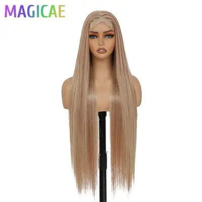 Image de Perruque Lace Front 4x4 Synthétique 36" Châtain Ombré avec Mèches Blondes