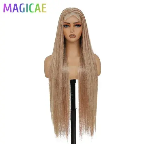 Image de Perruque Lace Front 4x4 Synthétique 36" Châtain Ombré avec Mèches Blondes