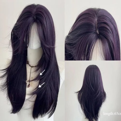 Immagine di Parrucca Donna Viola Scuro 22 Pollici Capelli Lunghi con Frangia a Strati, Capelli Sintetici Lisci Naturali per Cosplay e Stile Lolita