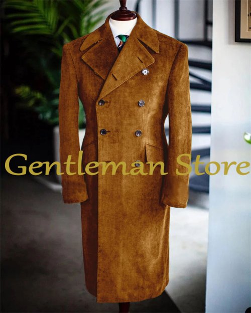 Afbeelding van Herens lange corduroy overjas met dubbele rij knopen – stijlvolle trenchcoat voor herfst, winter en lente