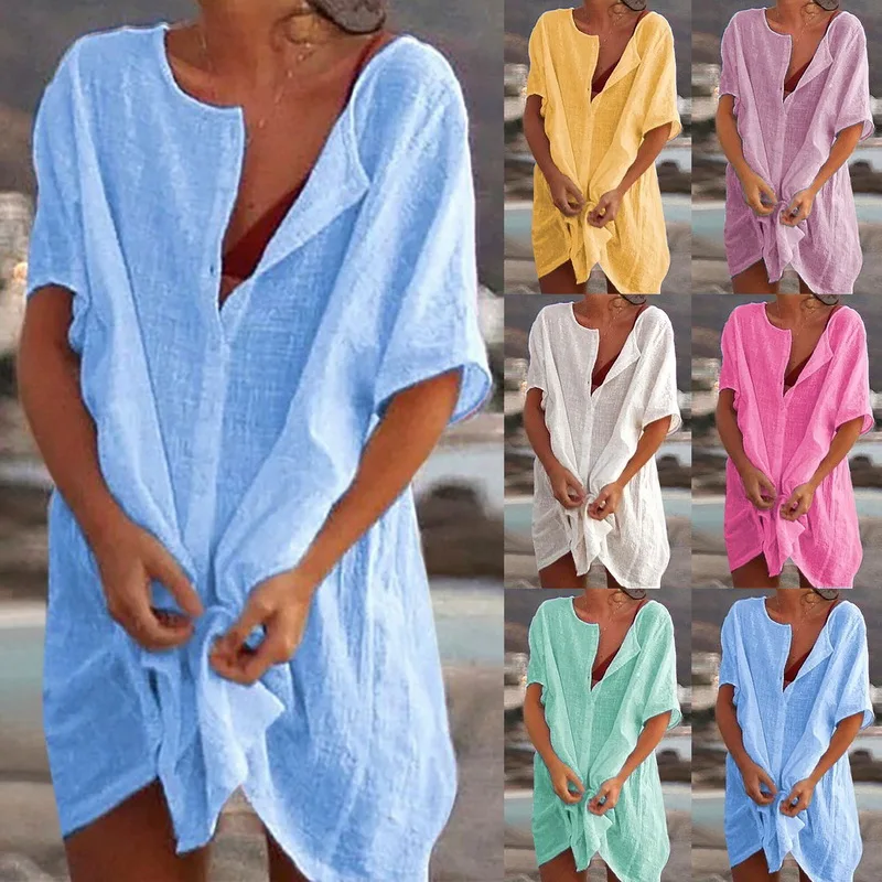 Imagen de Blusa larga de playa de lino y algodón para mujer, estilo casual elegante, cubrebaño versátil con corte sexy y diseño de color sólido, ideal para la temporada 2025